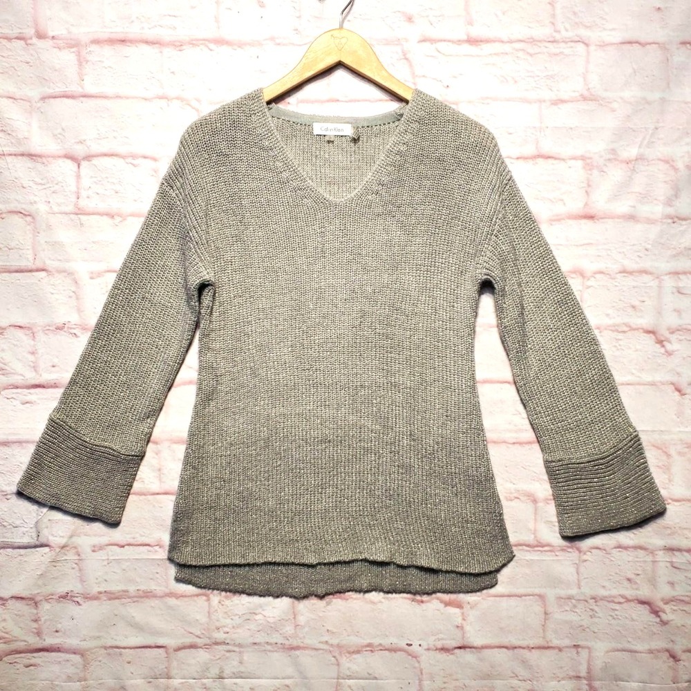 Calvin Klein Sweater Womens Small Gray Bell Sleeve Pullover Shimmer Sparkle